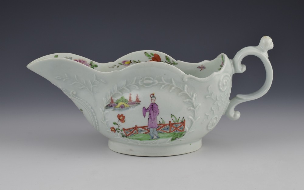Rare First Period Worcester Sauceboat Dog Head Handle, c.1753 Sauce Boat