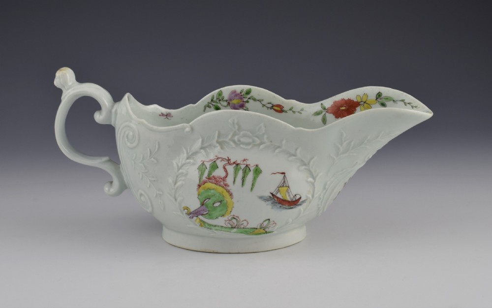 Rare First Period Worcester Sauceboat Dog Head Handle, c.1753 Sauce Boat View V