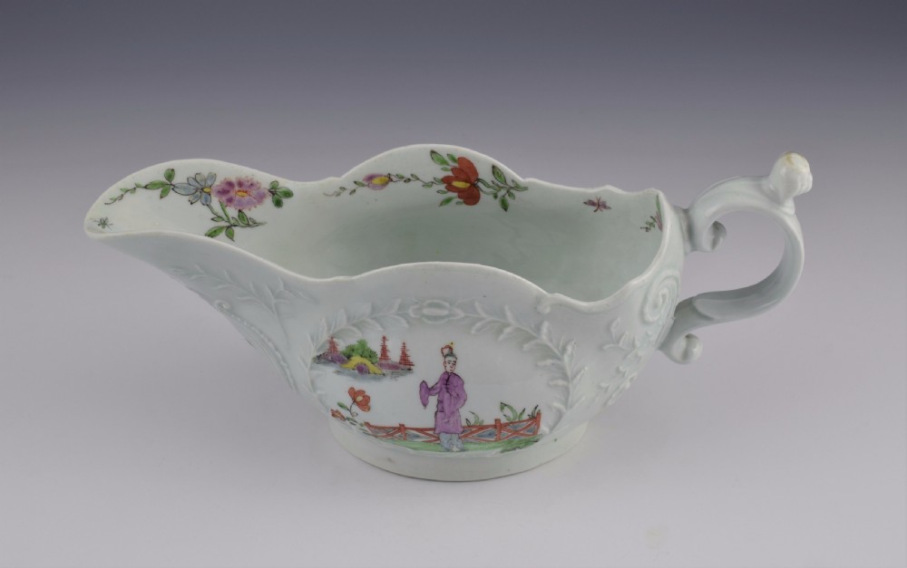 Rare First Period Worcester Sauceboat Dog Head Handle, c.1753 Sauce Boat View XVII