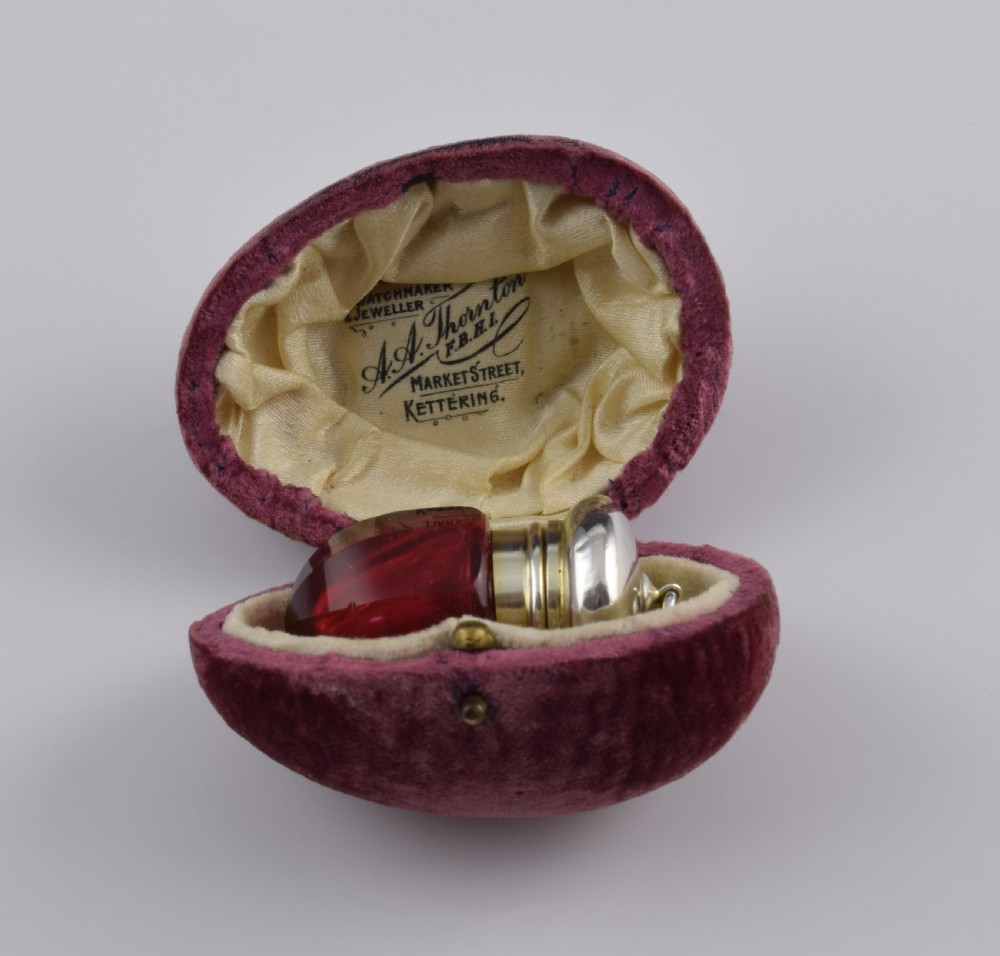 Small Victorian Ruby Glass & Silver Vinaigrette In Velvet Case View II