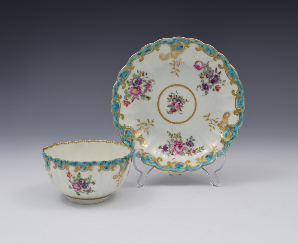 Pretty First Period Worcester Fluted Tea Bowl & Saucer c.1770