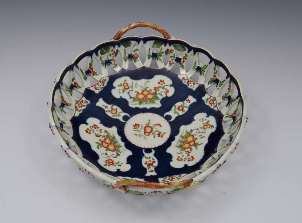 First Period Worcester Porcelain Large Scale Blue Basket c.1770 View II