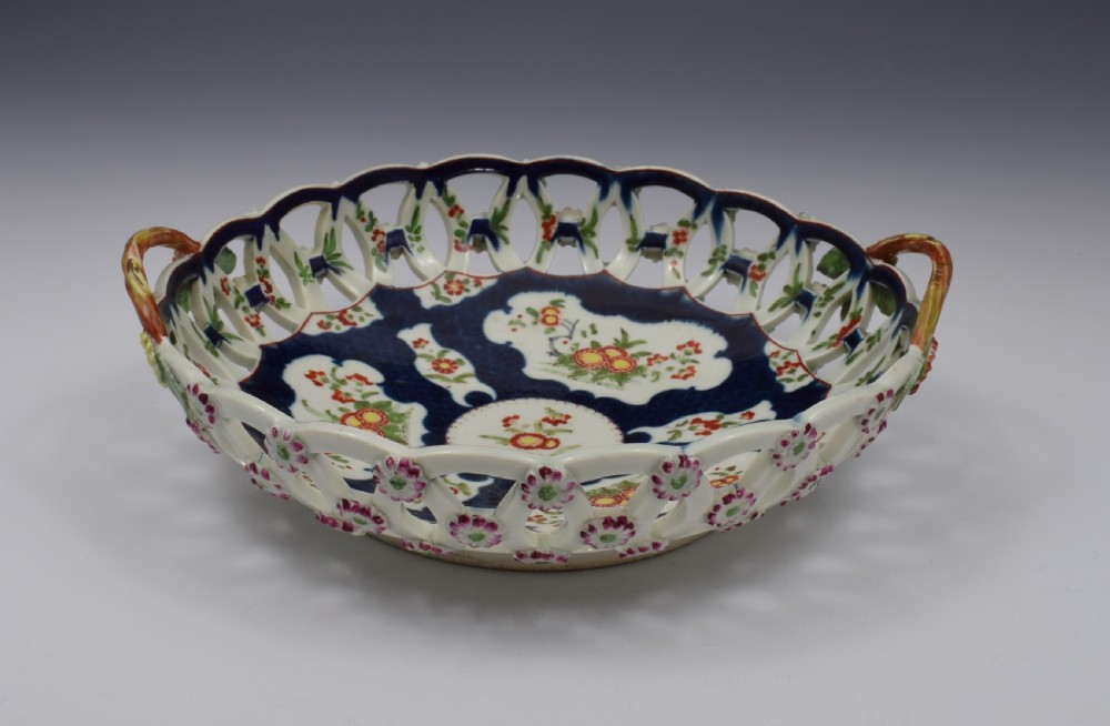First Period Worcester Porcelain Large Scale Blue Basket c.1770 View III