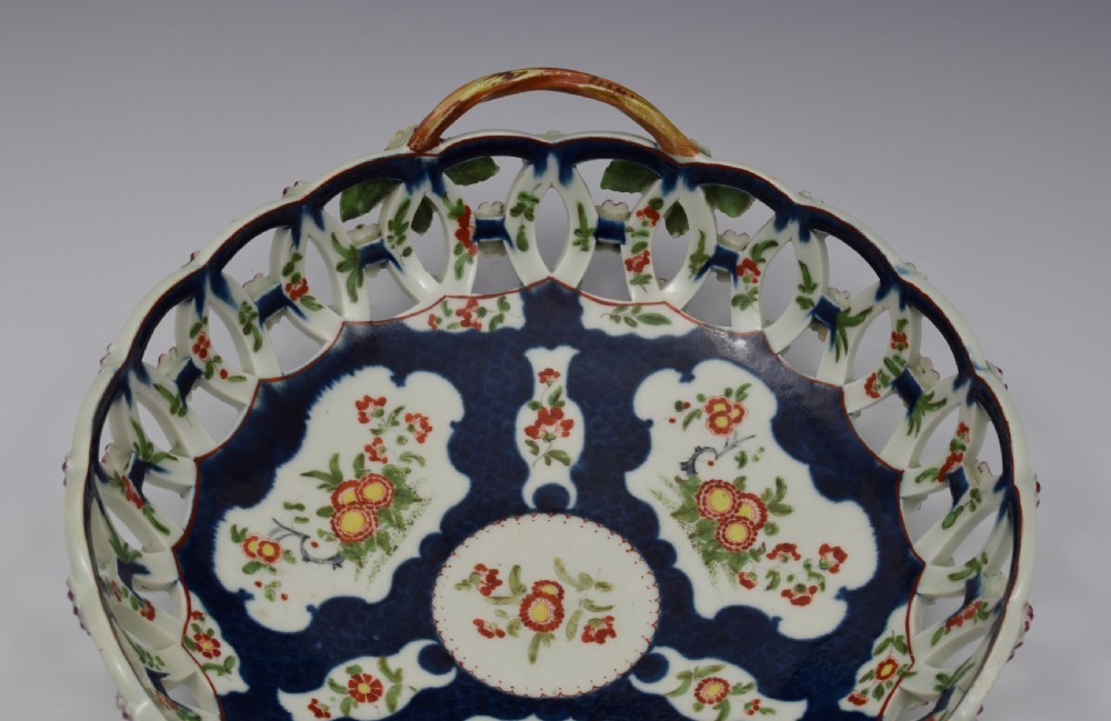 First Period Worcester Porcelain Large Scale Blue Basket c.1770 View IX