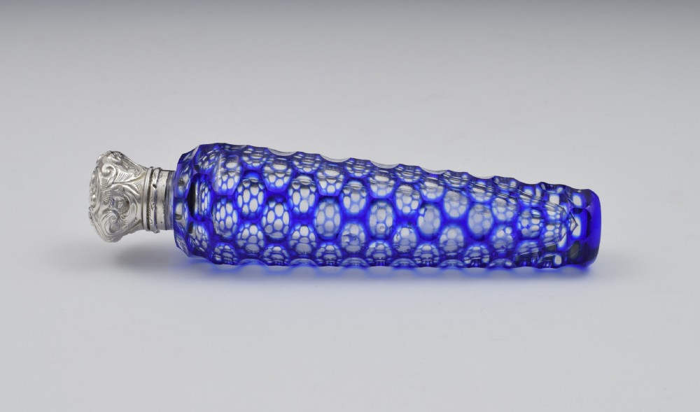 Large Victorian Blue Cut-To-Clear Glass & Silver Scent Bottle