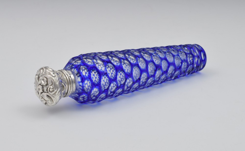 Large Victorian Blue Cut-To-Clear Glass & Silver Scent Bottle View II
