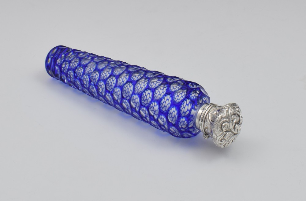 Large Victorian Blue Cut-To-Clear Glass & Silver Scent Bottle View III