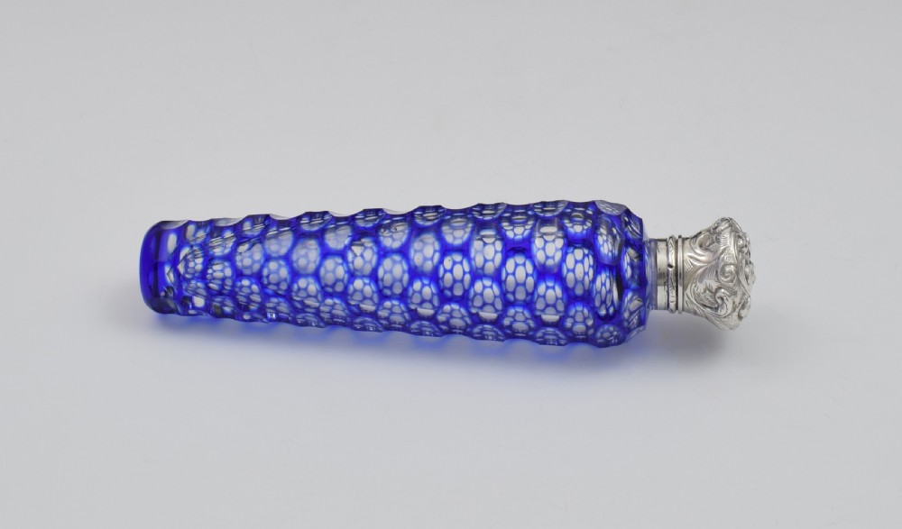 Large Victorian Blue Cut-To-Clear Glass & Silver Scent Bottle View IV