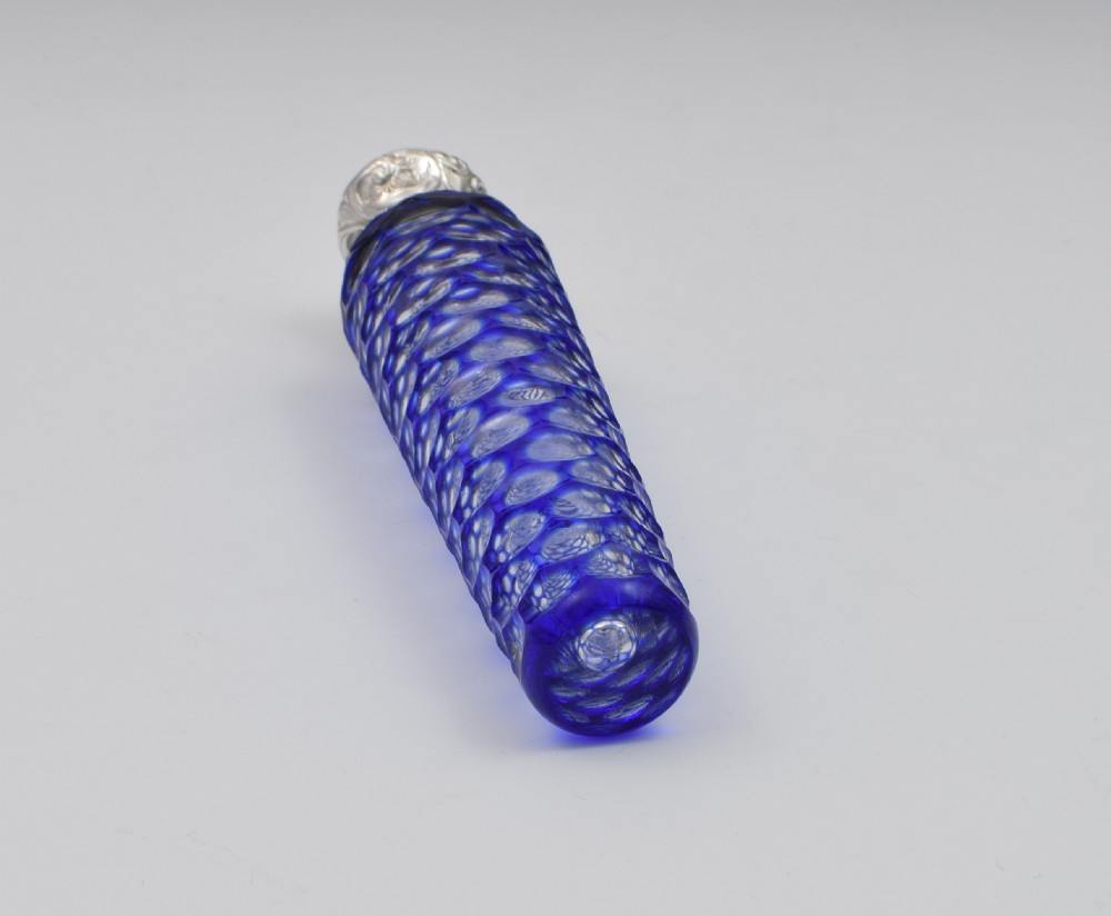 Large Victorian Blue Cut-To-Clear Glass & Silver Scent Bottle View VI
