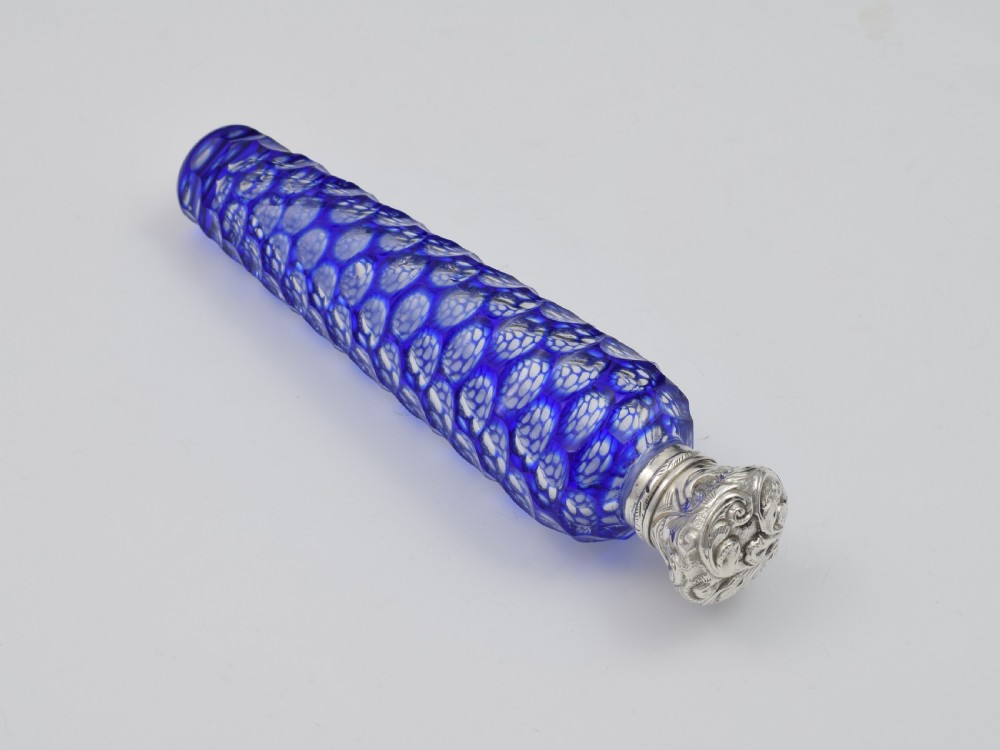 Large Victorian Blue Cut-To-Clear Glass & Silver Scent Bottle View VII