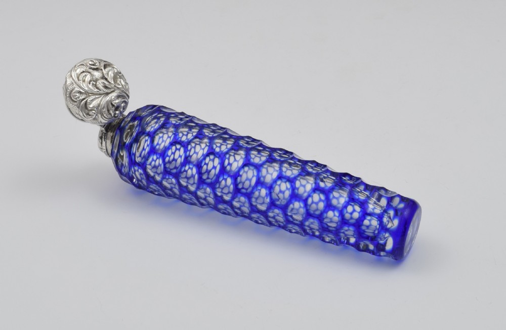 Large Victorian Blue Cut-To-Clear Glass & Silver Scent Bottle View X