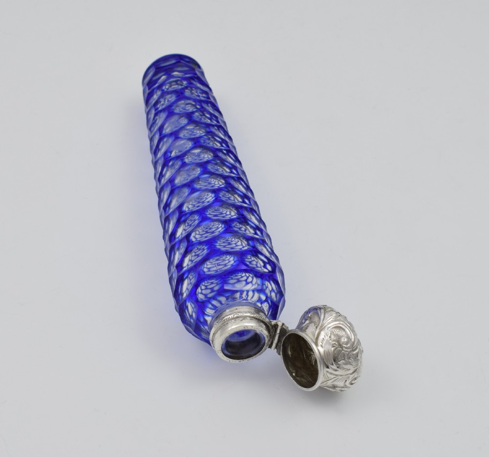 Large Victorian Blue Cut-To-Clear Glass & Silver Scent Bottle View XI