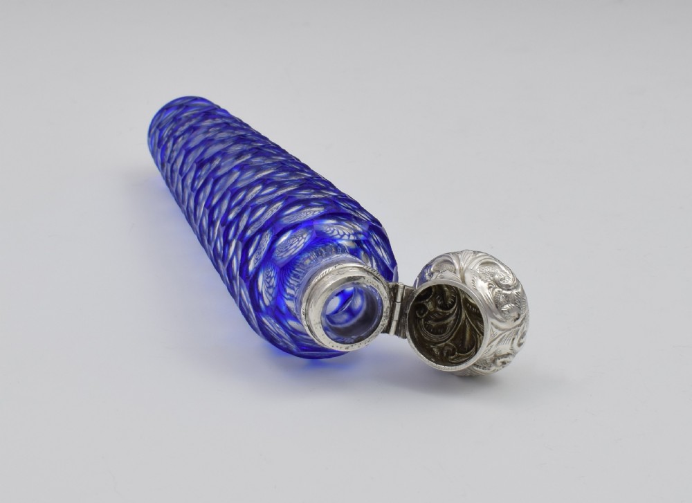 Large Victorian Blue Cut-To-Clear Glass & Silver Scent Bottle View XII