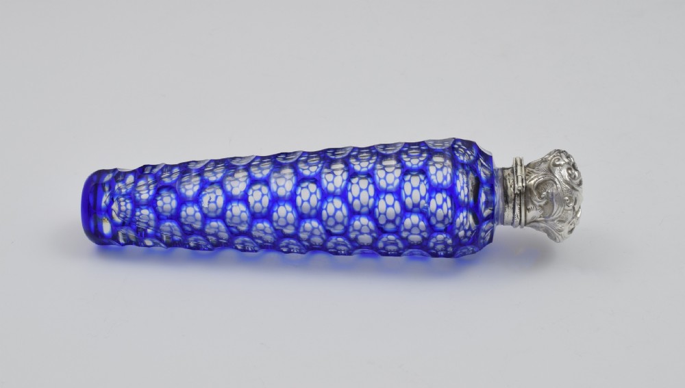 Large Victorian Blue Cut-To-Clear Glass & Silver Scent Bottle View XIII