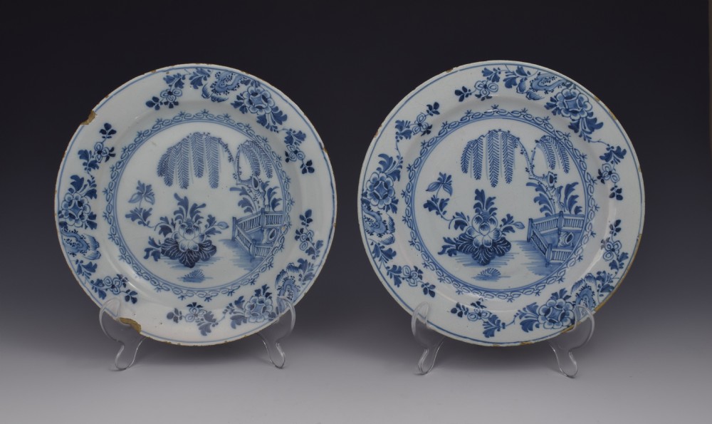 Pretty Pair Early 18thC Dutch Delft Plates Chinoiserie Scene