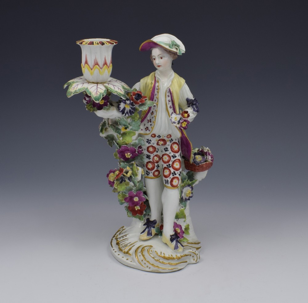 18thC Derby Figural Candlestick Flower Seller Figure C.1765
