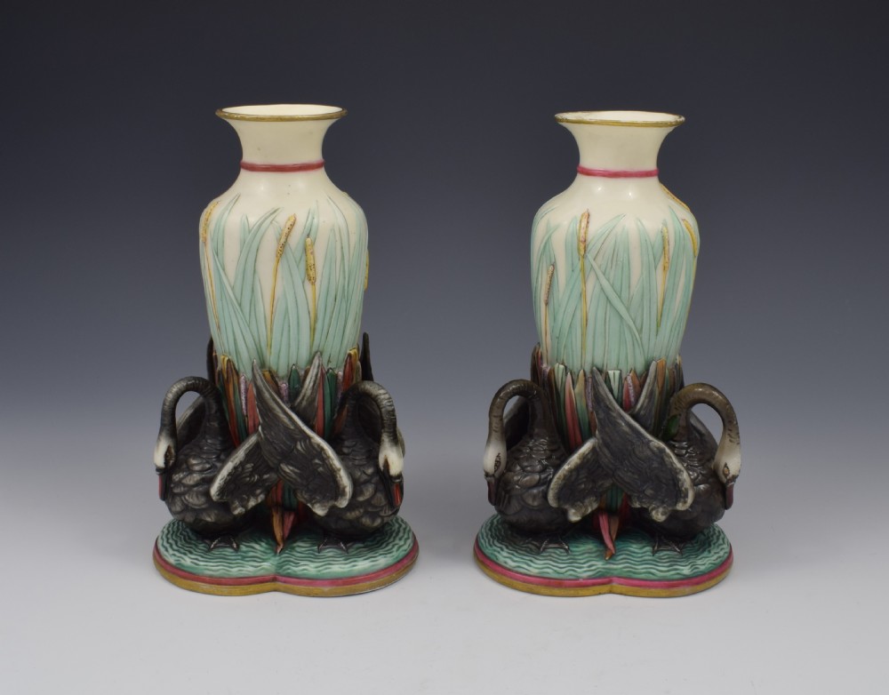 Unusual Pair Victorian Royal Worcester Black Swan Figural Vases 