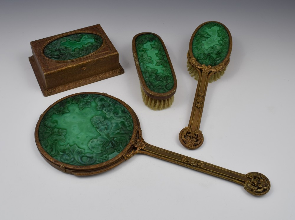 Art Deco Malachite Glass 4 Piece Dressing Set Hoffman-Schlevogt Czech
