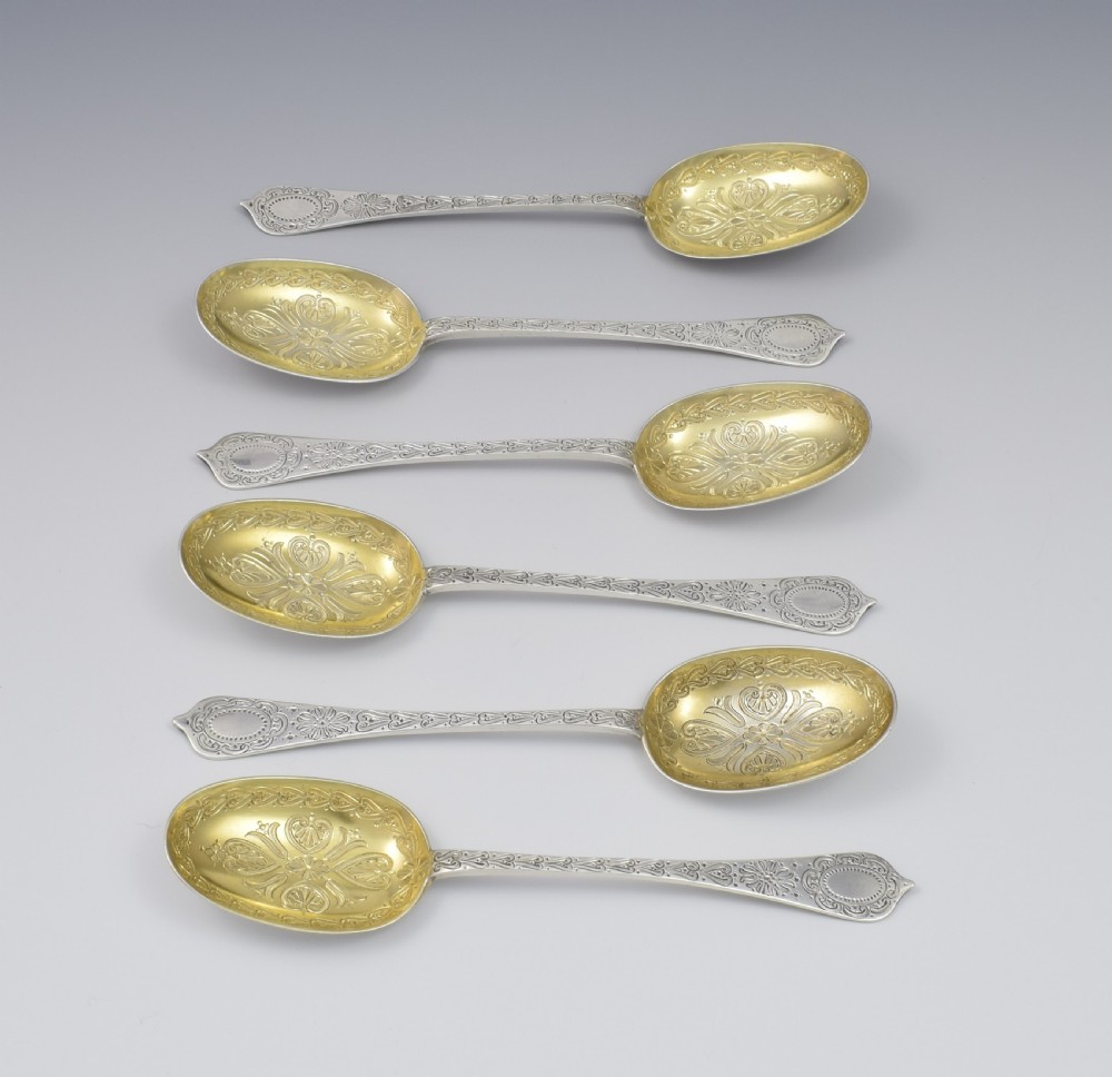 Fine Set 6 Victorian Parcel Gilt Aesthetic Style Silver Dessert Spoons