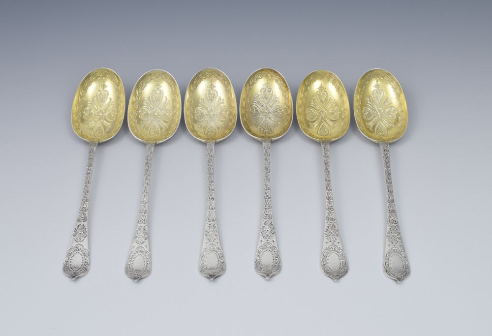 Fine Set 6 Victorian Parcel Gilt Aesthetic Style Silver Dessert Spoons View II