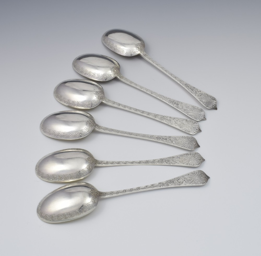 Fine Set 6 Victorian Parcel Gilt Aesthetic Style Silver Dessert Spoons View III