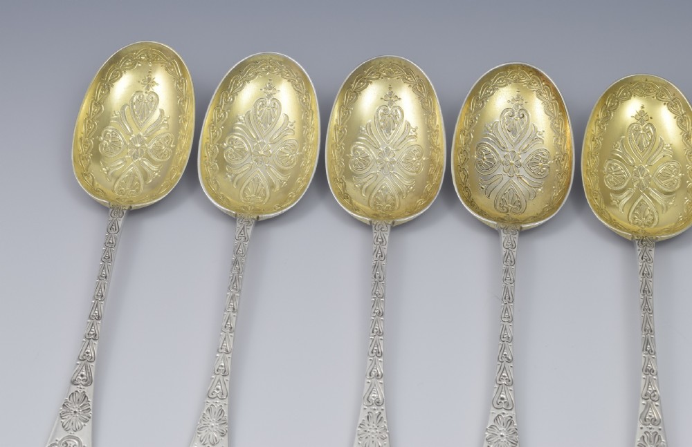 Fine Set 6 Victorian Parcel Gilt Aesthetic Style Silver Dessert Spoons View IV