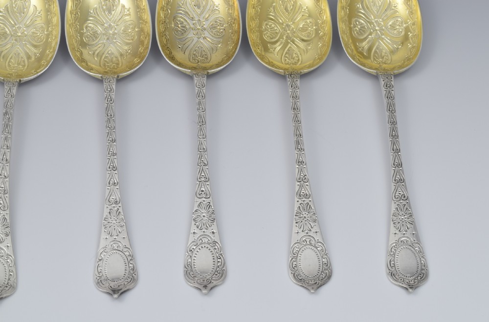Fine Set 6 Victorian Parcel Gilt Aesthetic Style Silver Dessert Spoons View V