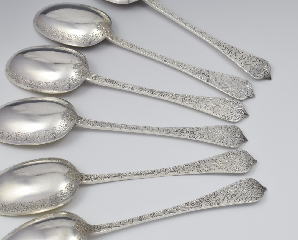 Fine Set 6 Victorian Parcel Gilt Aesthetic Style Silver Dessert Spoons View VI