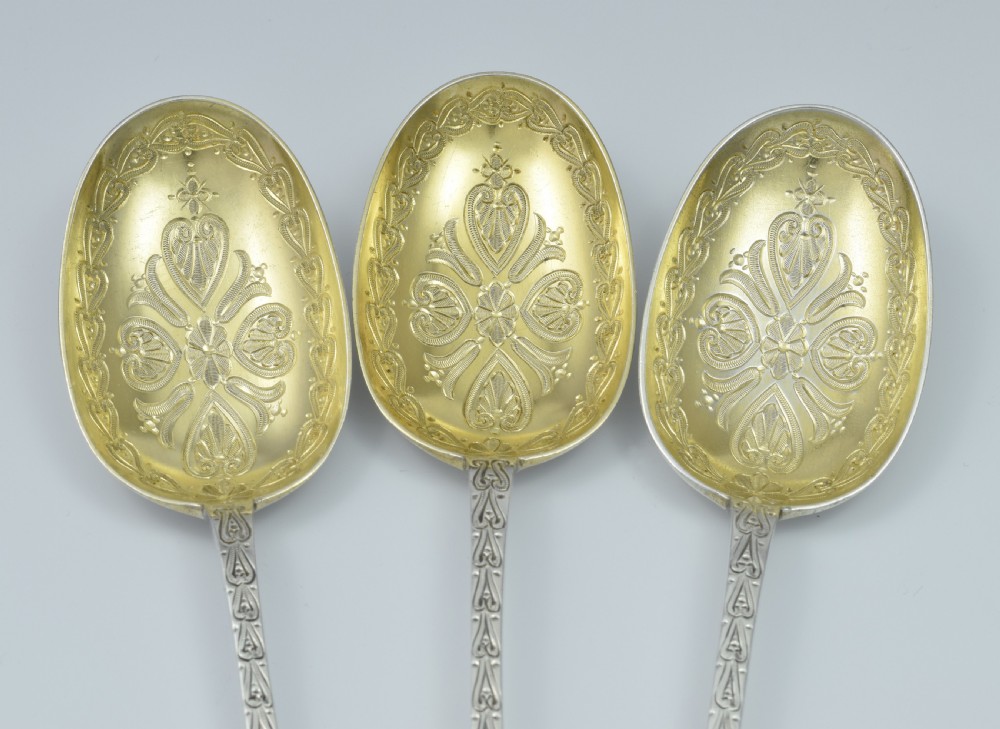 Fine Set 6 Victorian Parcel Gilt Aesthetic Style Silver Dessert Spoons View IX