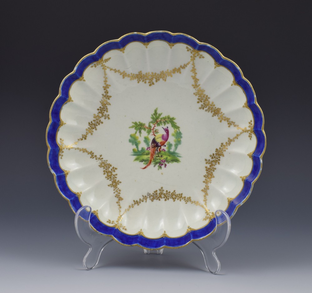 First Period Worcester Porcelain Fancy Bird Pattern Lobed Dish c.1775
