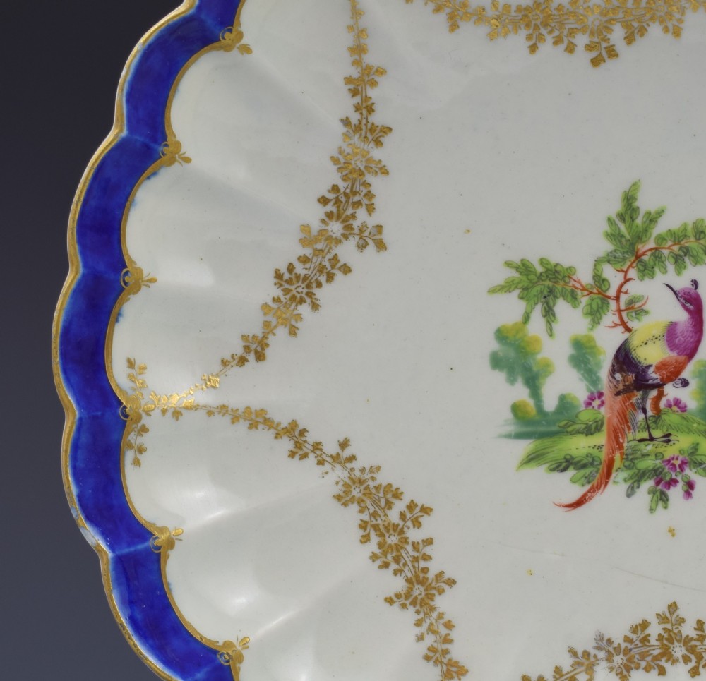 First Period Worcester Porcelain Fancy Bird Pattern Lobed Dish c.1775 View V