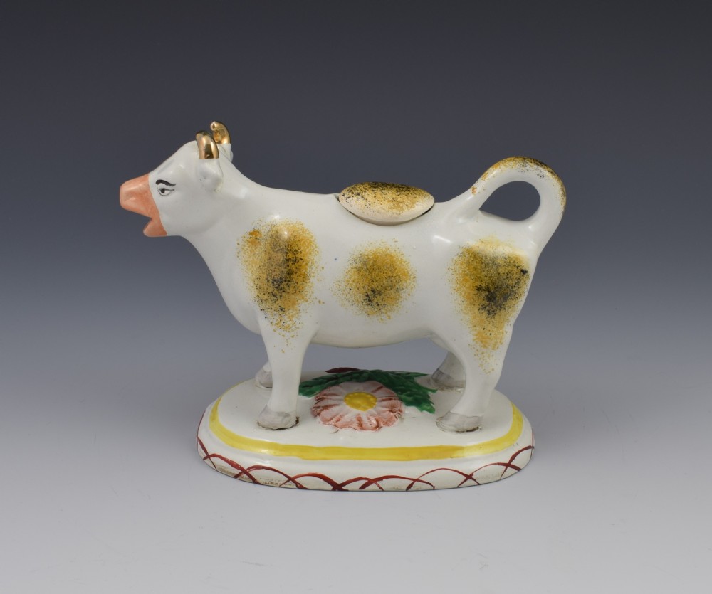 Antique Early 19thC Staffordshire Pottery Spongeware Cow Creamer