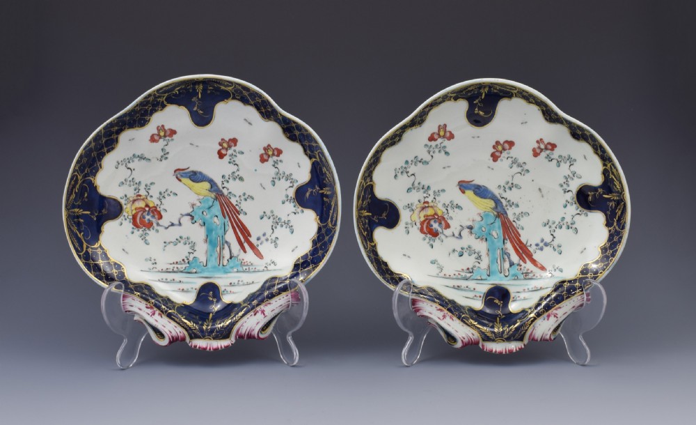 Pair First Period Worcester Sir Joshua Reynolds Shell Dessert Dishes c.1770