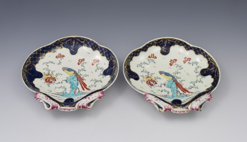 Pair First Period Worcester Sir Joshua Reynolds Shell Dessert Dishes c.1770 View II