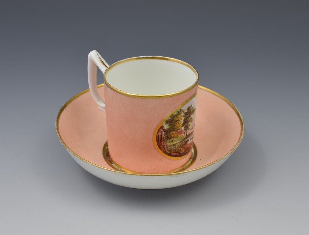 Early 19th Century Derby Salmon Coffee Can & Saucer Cowes Castle & Windsor View II