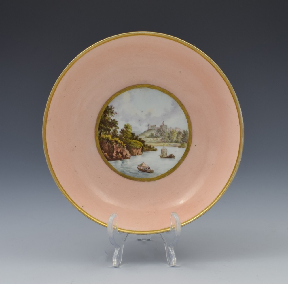 Early 19th Century Derby Salmon Coffee Can & Saucer Cowes Castle & Windsor View III