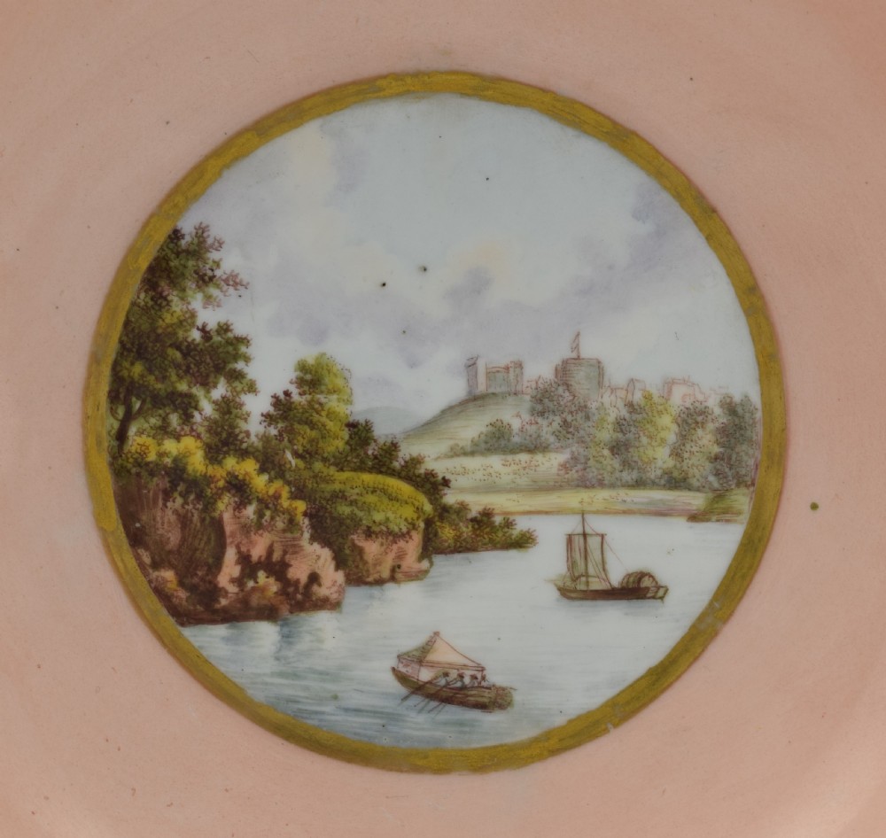 Early 19th Century Derby Salmon Coffee Can & Saucer Cowes Castle & Windsor View IV
