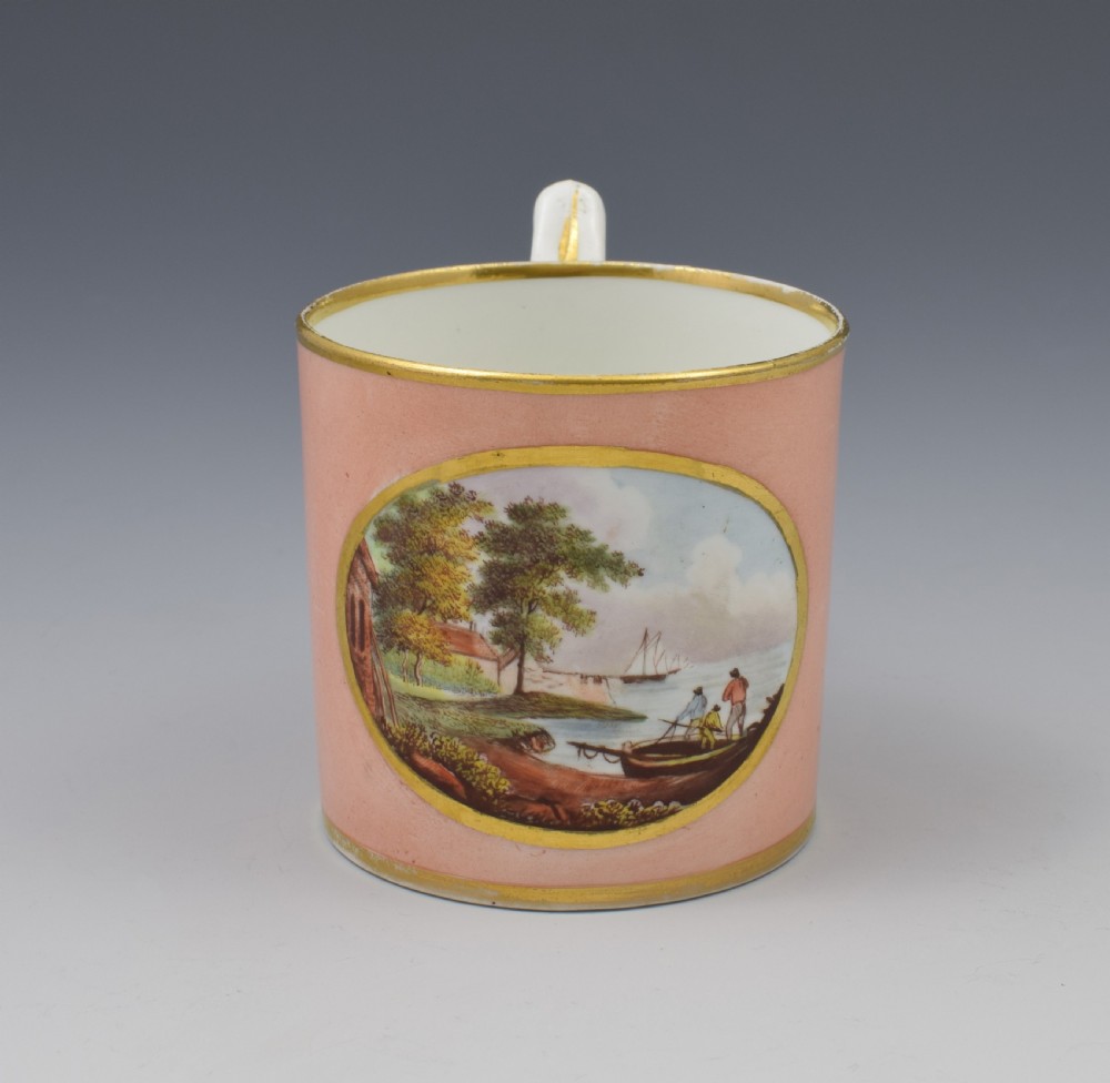 Early 19th Century Derby Salmon Coffee Can & Saucer Cowes Castle & Windsor View VI