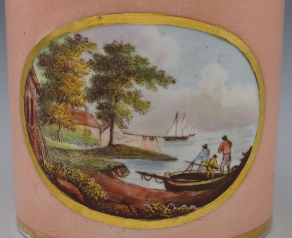 Early 19th Century Derby Salmon Coffee Can & Saucer Cowes Castle & Windsor View VII