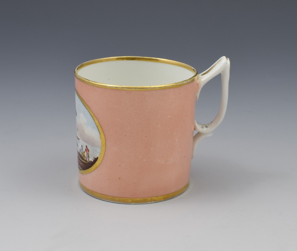Early 19th Century Derby Salmon Coffee Can & Saucer Cowes Castle & Windsor View VIII