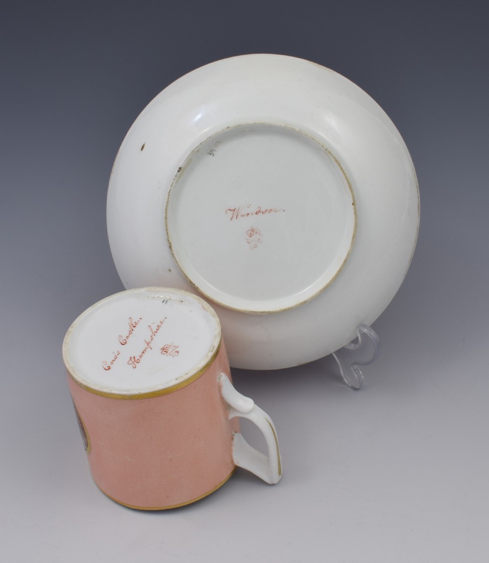 Early 19th Century Derby Salmon Coffee Can & Saucer Cowes Castle & Windsor View XII