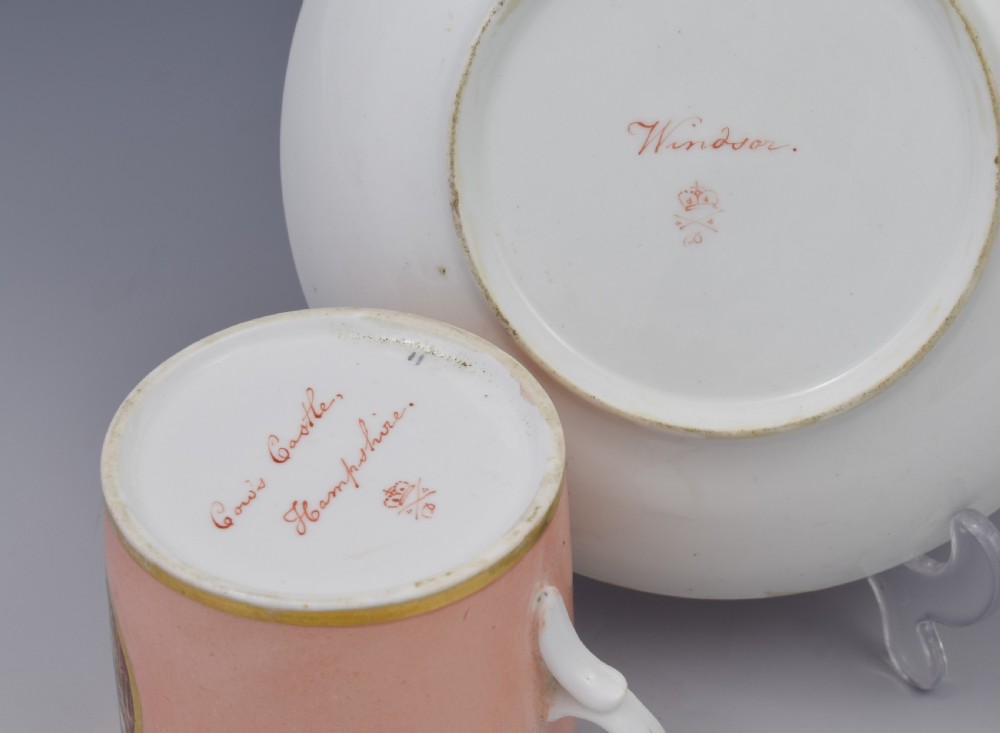 Early 19th Century Derby Salmon Coffee Can & Saucer Cowes Castle & Windsor View XIII