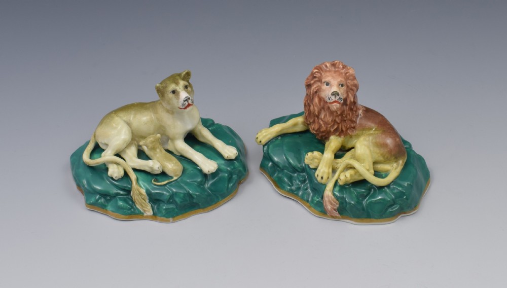 Pair Victorian Staffordshire Porcelain Lion & Lioness Figures c.1840 View II
