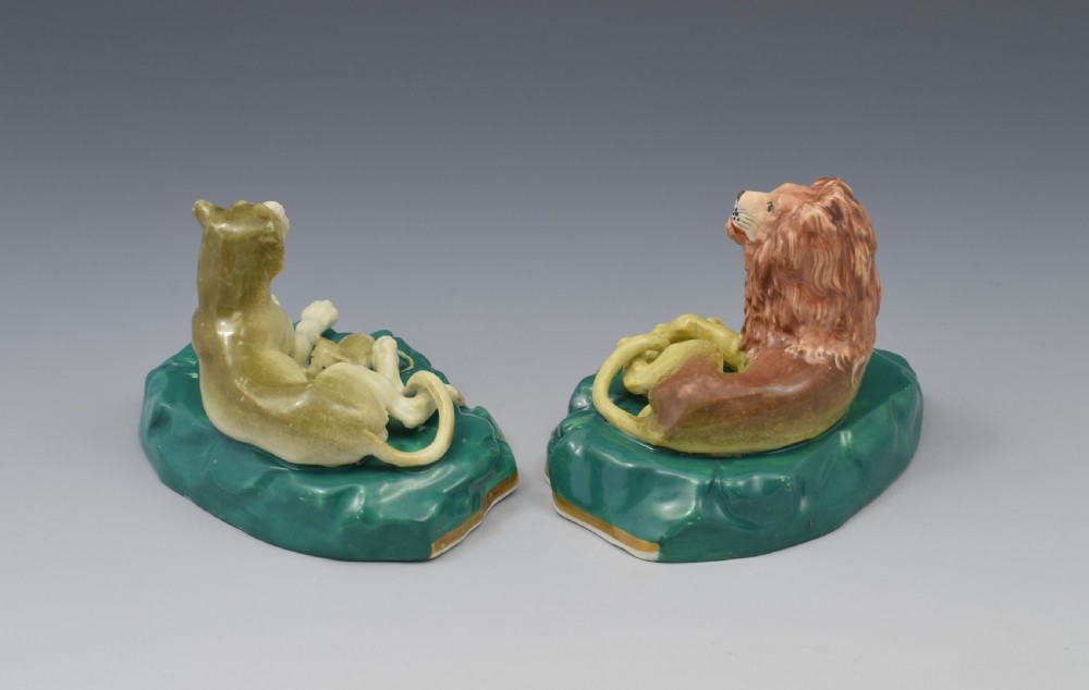 Pair Victorian Staffordshire Porcelain Lion & Lioness Figures c.1840 View IV