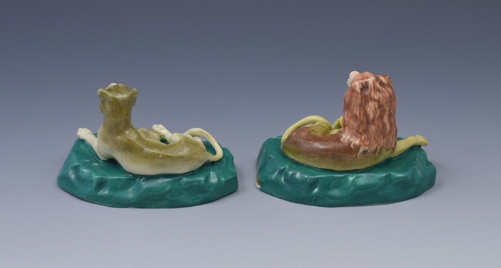 Pair Victorian Staffordshire Porcelain Lion & Lioness Figures c.1840 View V