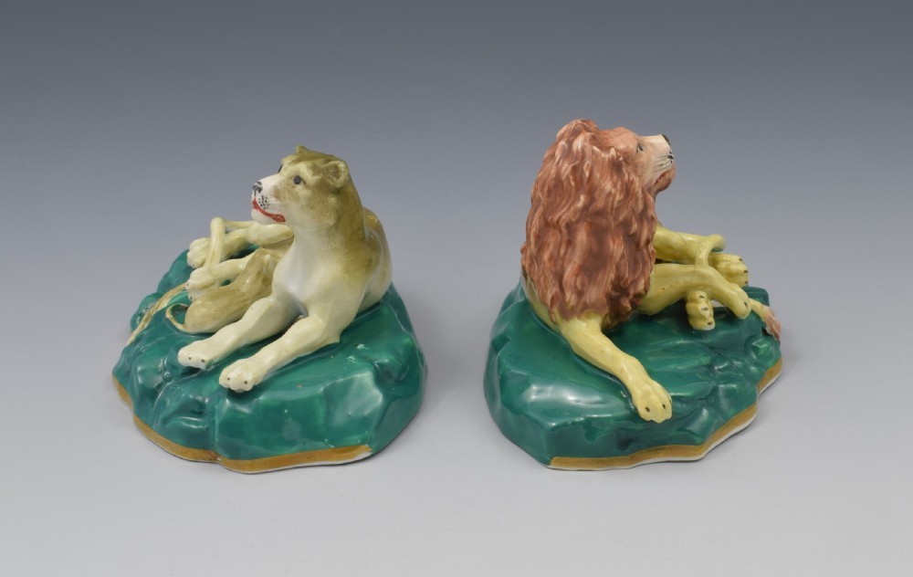 Pair Victorian Staffordshire Porcelain Lion & Lioness Figures c.1840 View VI