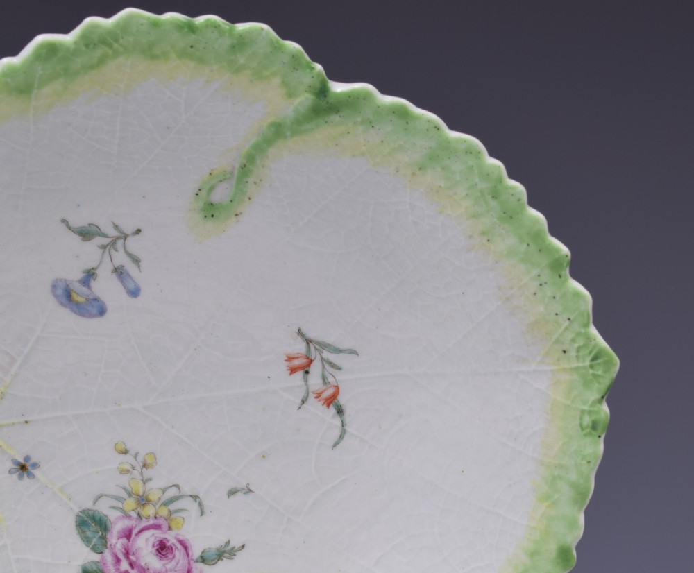 First Period Worcester Polychrome Fig Leaf Dish Ex-Zorensky, c.1758 View II