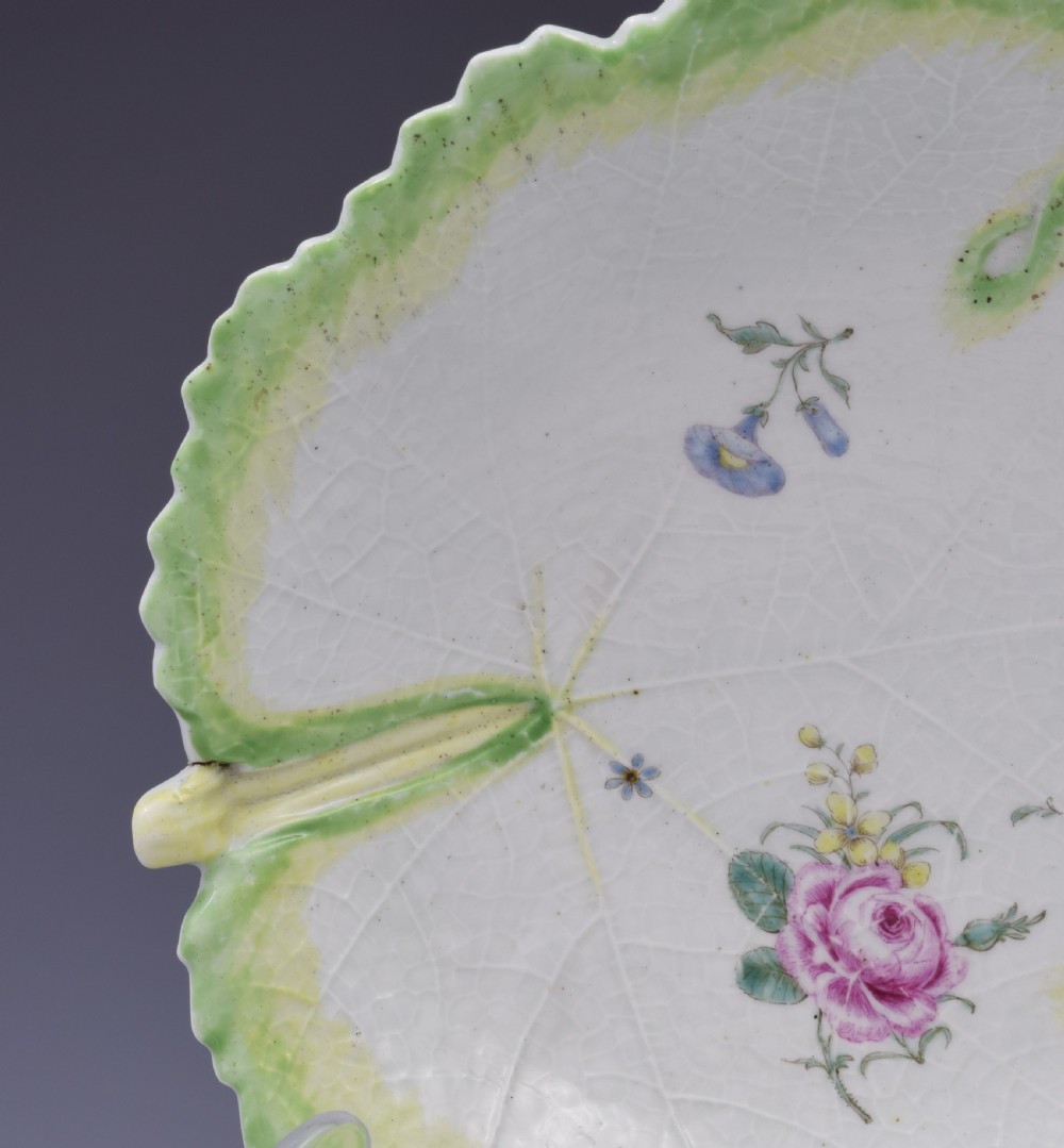 First Period Worcester Polychrome Fig Leaf Dish Ex-Zorensky, c.1758 View IV
