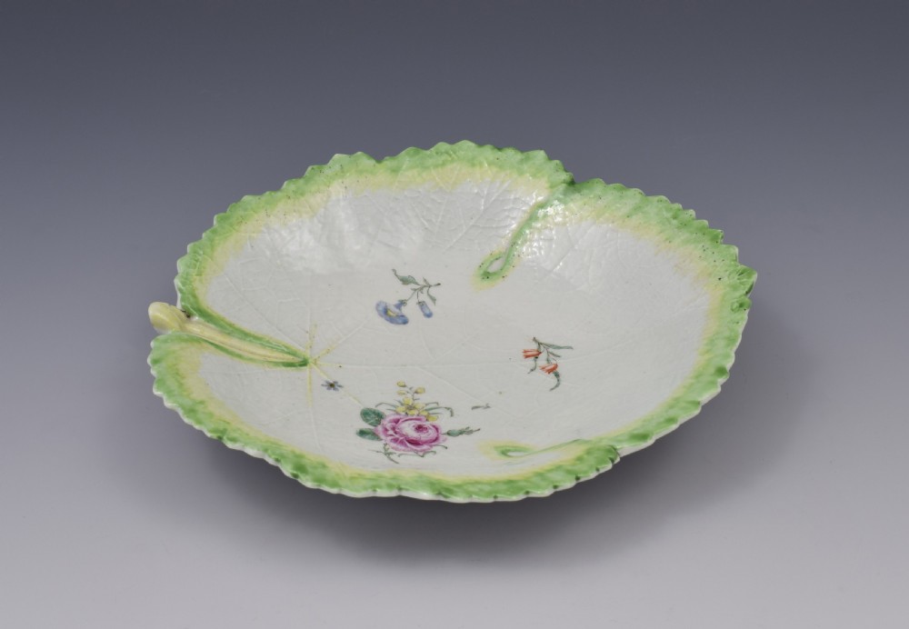 First Period Worcester Polychrome Fig Leaf Dish Ex-Zorensky, c.1758 View V