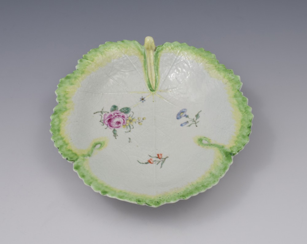 First Period Worcester Polychrome Fig Leaf Dish Ex-Zorensky, c.1758 View IX